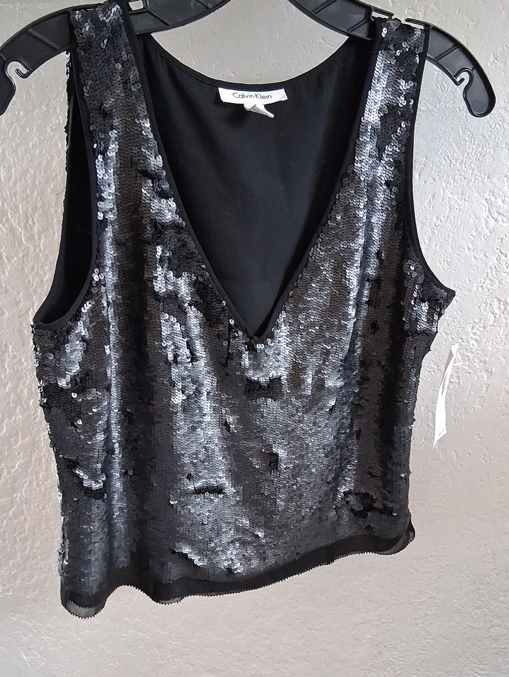 Calvin Klein Black Sequin V-Neck Camisole Zipper On One Side
